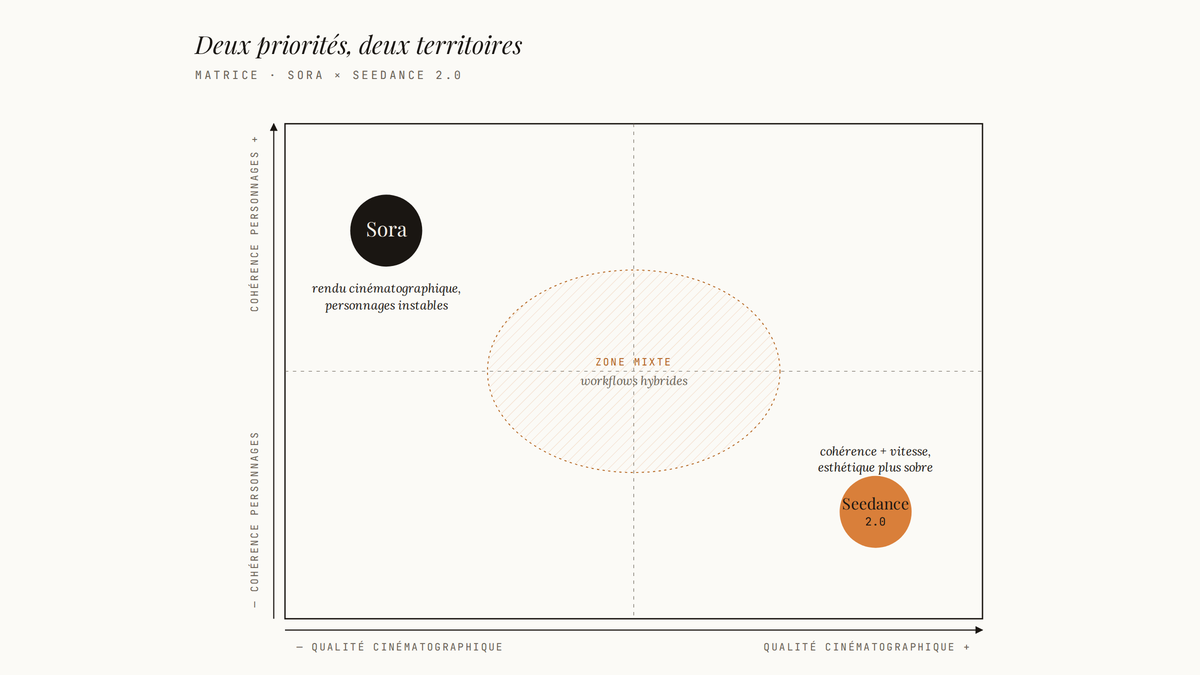 Matrice 2x2 opposant qualité cinématographique et cohérence des personnages, avec Sora en haut à gauche, Seedance 2.0 en bas à droite et une zone mixte au centre.