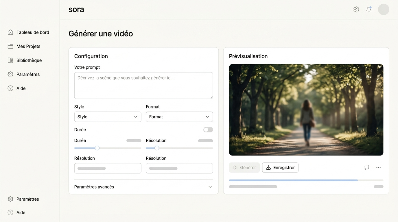interface de génération avec un prompt de plan cinématographique, fenêtre de prévisualisation montrant un rendu avec profondeur de champ et éclairage naturel complexe, sans texte lisible dans l'image