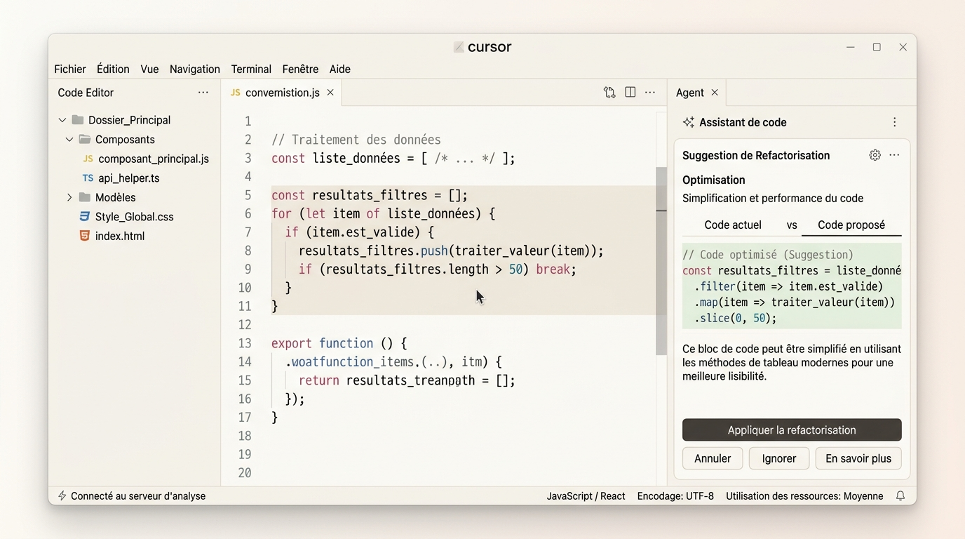 un éditeur de code avec un panneau agent ouvert à droite, montrant une suggestion de refactoring active sur un bloc de code en cours d'édition