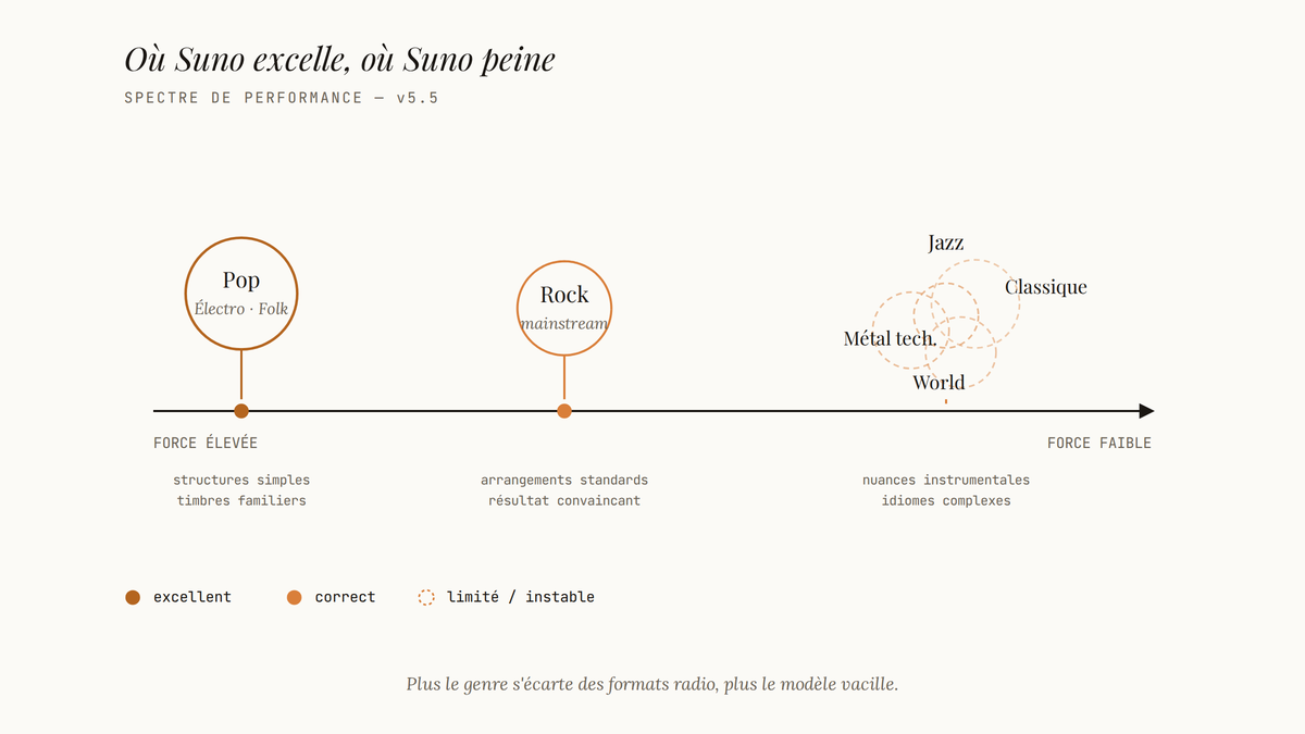 Diagramme éditorial situant les genres musicaux sur un axe horizontal allant d'une force élevée de Suno (pop, électro, folk) au centre correct (rock mainstream) jusqu'à une force faible (jazz, classique, métal technique, musiques du monde).
