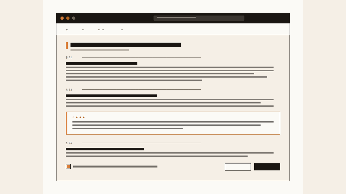 Maquette d'interface : page de conditions d'utilisation de Suno avec sections numérotées, encart d'avertissement ambré et boutons d'acceptation.