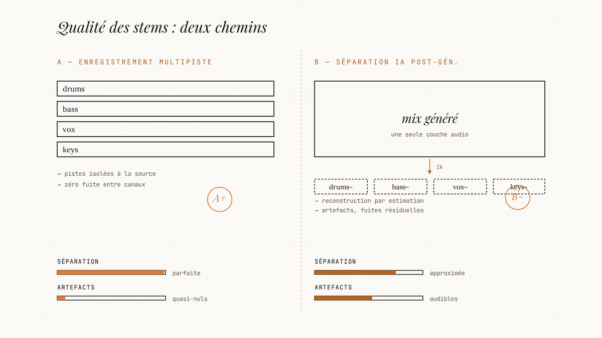 Diagramme comparatif entre stems issus d'un enregistrement multipiste natif et stems reconstruits par séparation IA après génération.