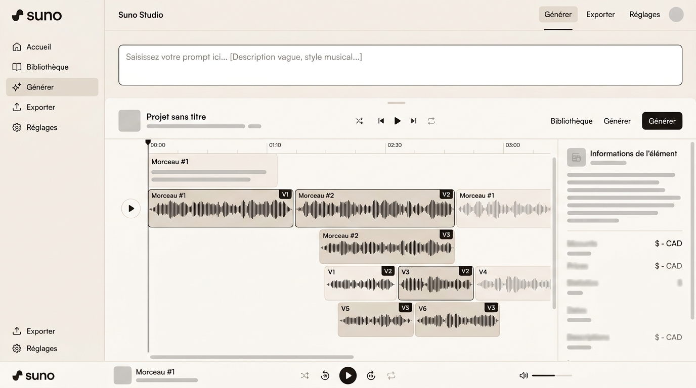 exemple de flux de travail complet dans Suno Studio : prompt initial visible en haut, timeline générée au centre, plusieurs itérations d'édition sur différents segments indiquées par des marqueurs de version sur la piste
