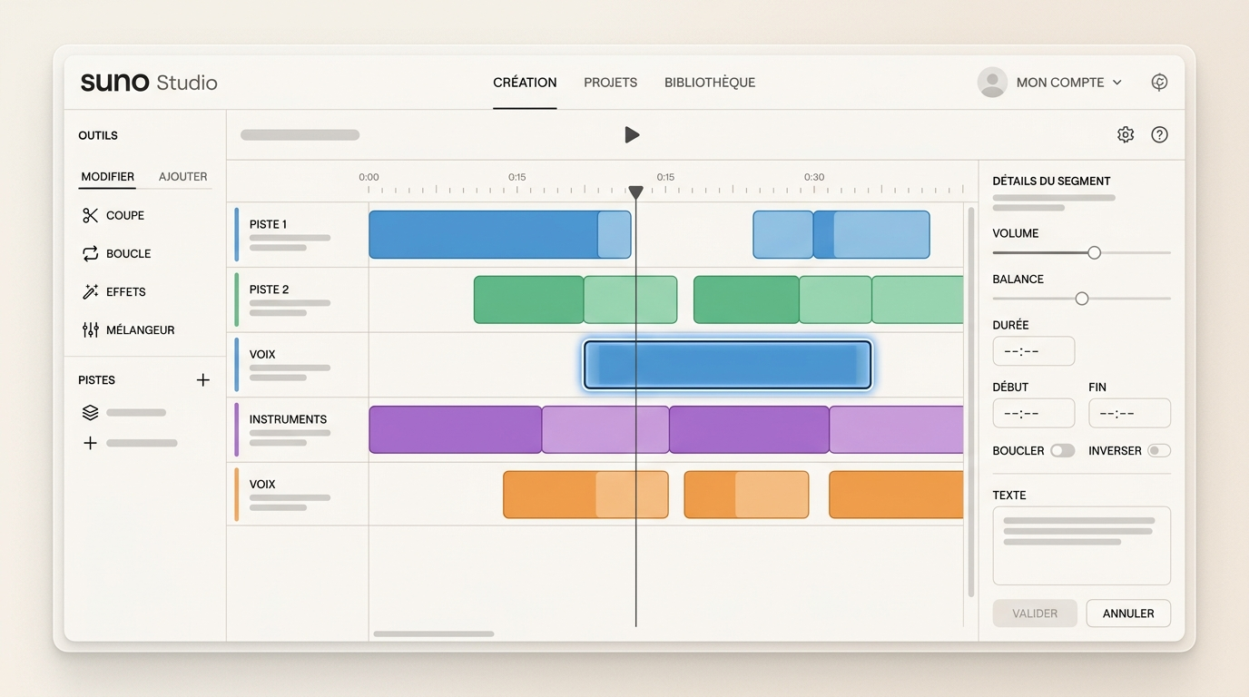 interface principale de Suno Studio montrant une timeline horizontale avec plusieurs segments colorés d'une composition, des outils d'édition dans la barre latérale, et un segment sélectionné avec options de retouche actives