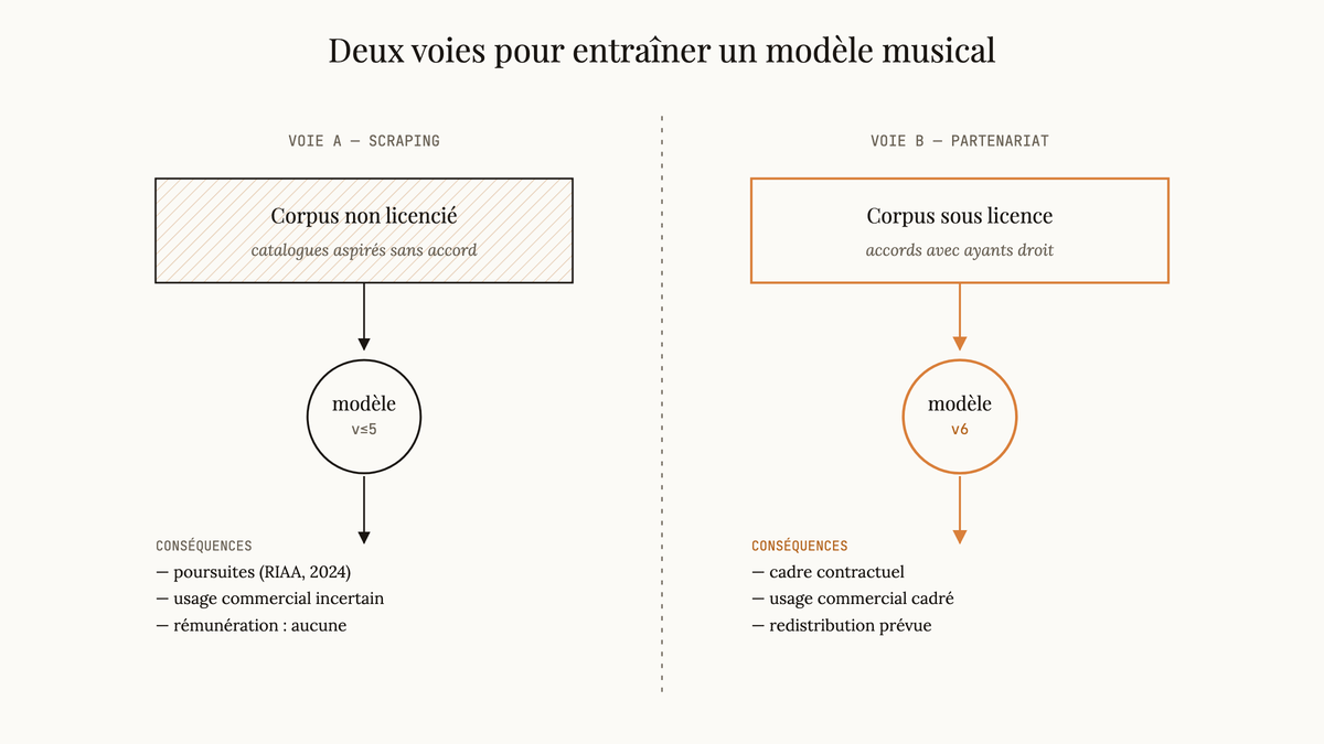 Diagramme éditorial en deux colonnes comparant l'entraînement d'un modèle musical à partir de données non licenciées et à partir d'un corpus obtenu par partenariat avec les ayants droit.