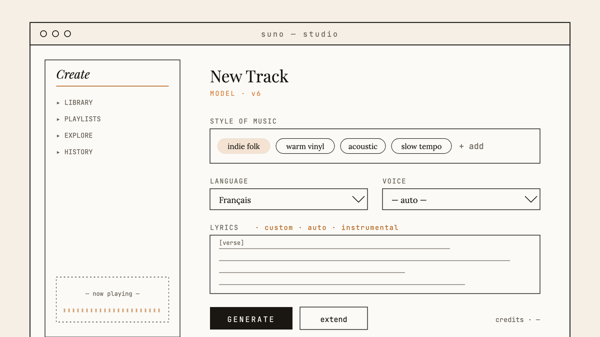 Maquette au trait de l'interface Suno v6 montrant les champs Style, Langue, Voice et Lyrics.