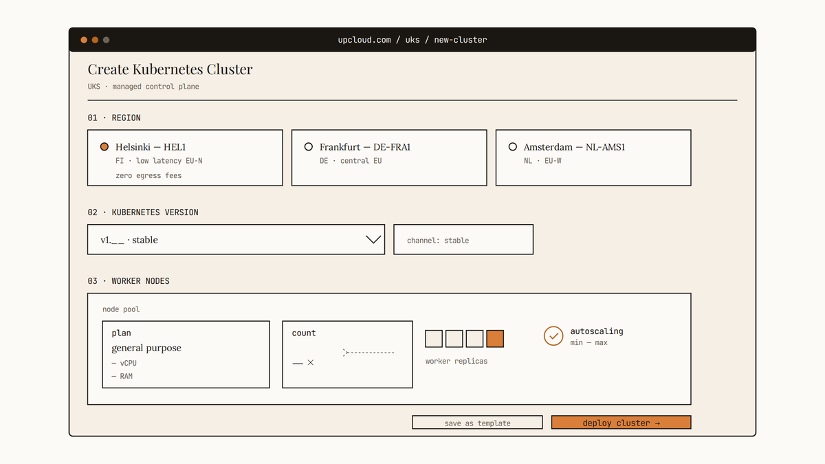 Maquette d'interface UpCloud UKS pour créer un cluster Kubernetes avec choix de région européenne, version et worker nodes