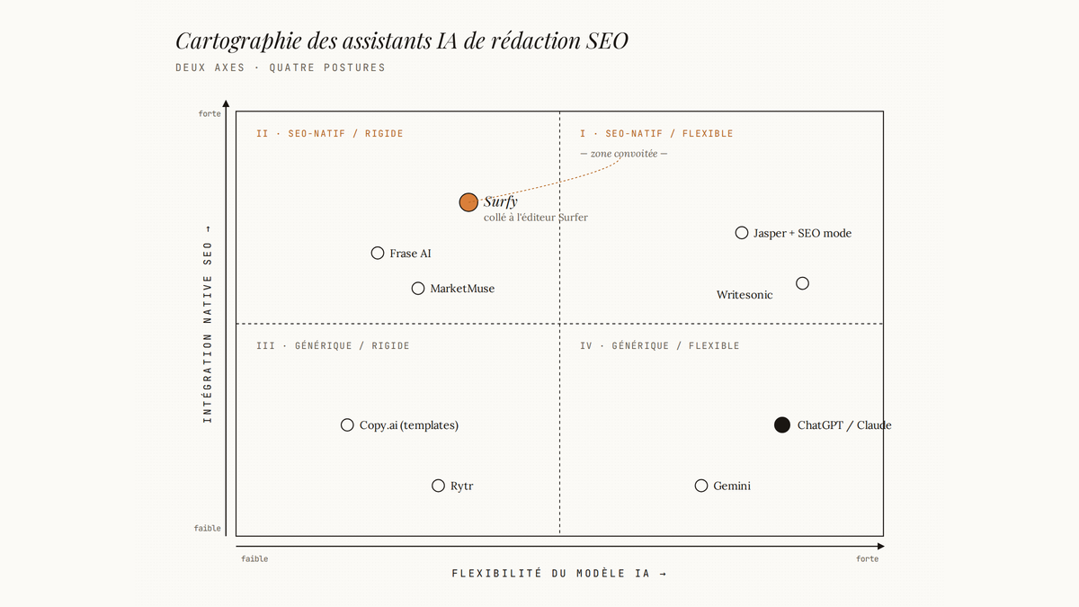 Diagramme en quadrants comparant les assistants IA de rédaction SEO selon leur intégration native et la flexibilité de leur modèle, avec Surfy positionné dans le quadrant SEO-natif.