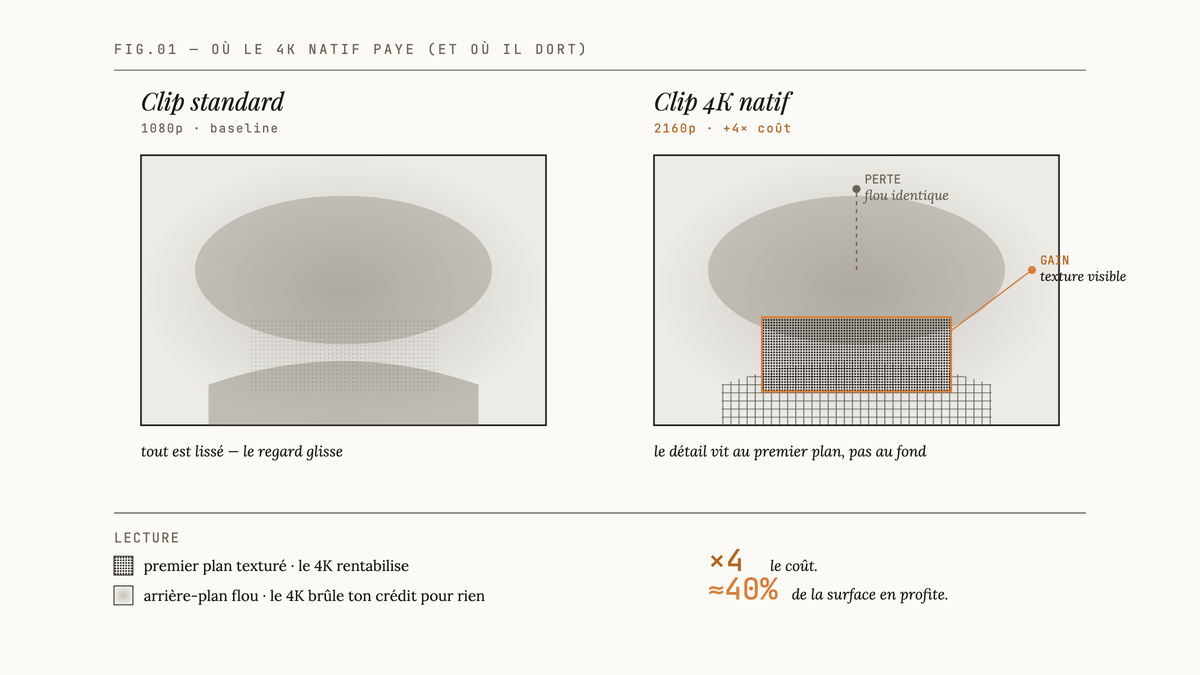 Diagramme comparatif de deux cadres vidéo : à gauche un clip 1080p uniformément flou, à droite un clip 4K natif où seul le premier plan texturé montre un gain visible tandis que l'arrière-plan reste flou.
