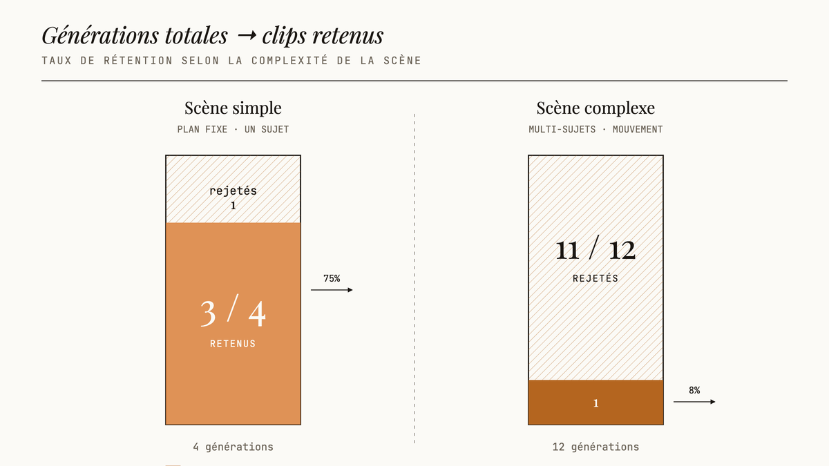 Diagramme comparant le taux de rétention des clips générés par Kling AI 3.0 selon la complexité de la scène : 3 clips retenus sur 4 pour une scène simple contre 1 sur 12 pour une scène complexe.