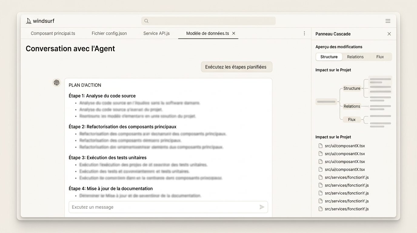 l'interface de Windsurf avec le panneau Cascade ouvert à droite, plusieurs onglets de fichiers en haut, et un fil de conversation avec l'agent montrant une série d'actions planifiées sur le projet