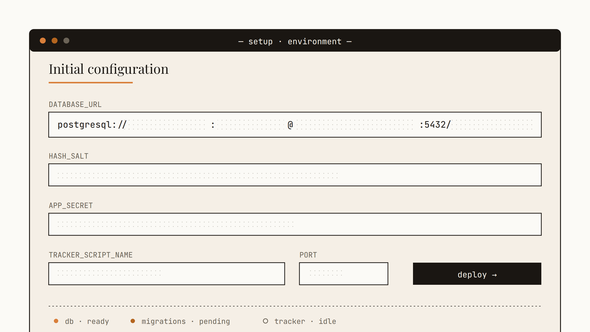 Maquette d'interface de configuration initiale d'Umami avec champs pour l'URL de base de données PostgreSQL, variables d'environnement et bouton de déploiement.