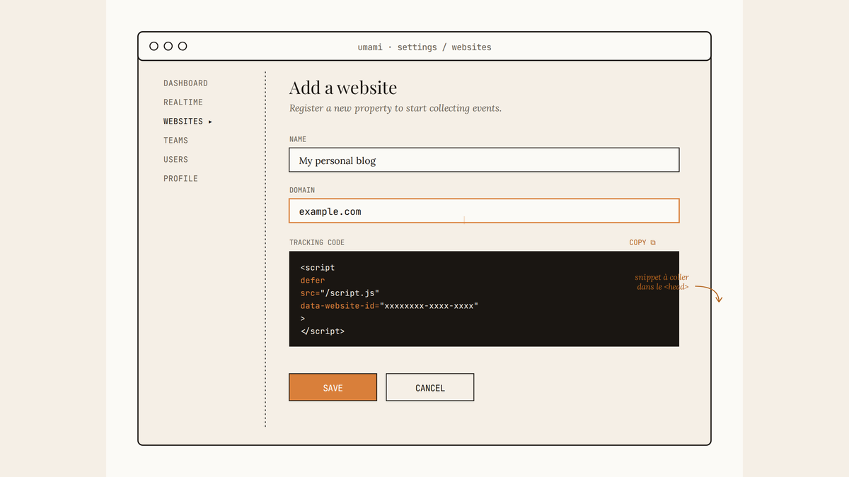 Maquette au trait de l'interface Umami montrant le formulaire d'ajout d'un site web avec champ nom, champ domaine et bloc de code de tracking à copier.