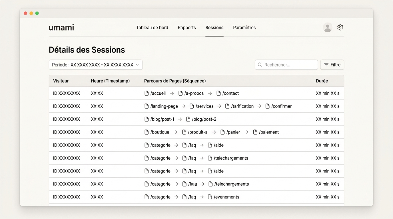 liste de sessions individuelles avec timestamps, pages visitées dans l'ordre et durée approximative, interface tabulaire montrant le parcours d'un visiteur