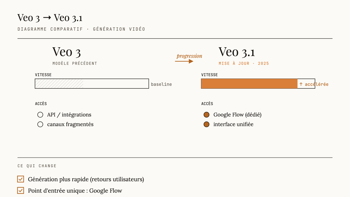 Diagramme comparatif entre Veo 3 et Veo 3.1 montrant l'augmentation de la vitesse de génération et le passage à un accès unifié via Google Flow.