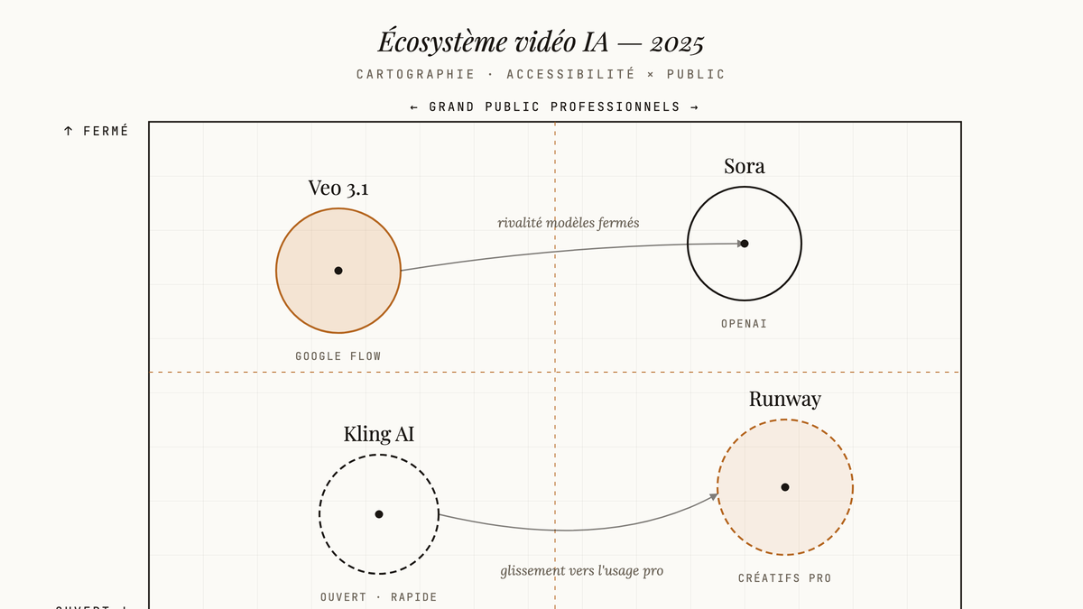 Schéma cartographique positionnant Veo 3.1, Sora, Runway et Kling AI selon deux axes : accessibilité (fermé/ouvert) et public visé (grand public/professionnels).