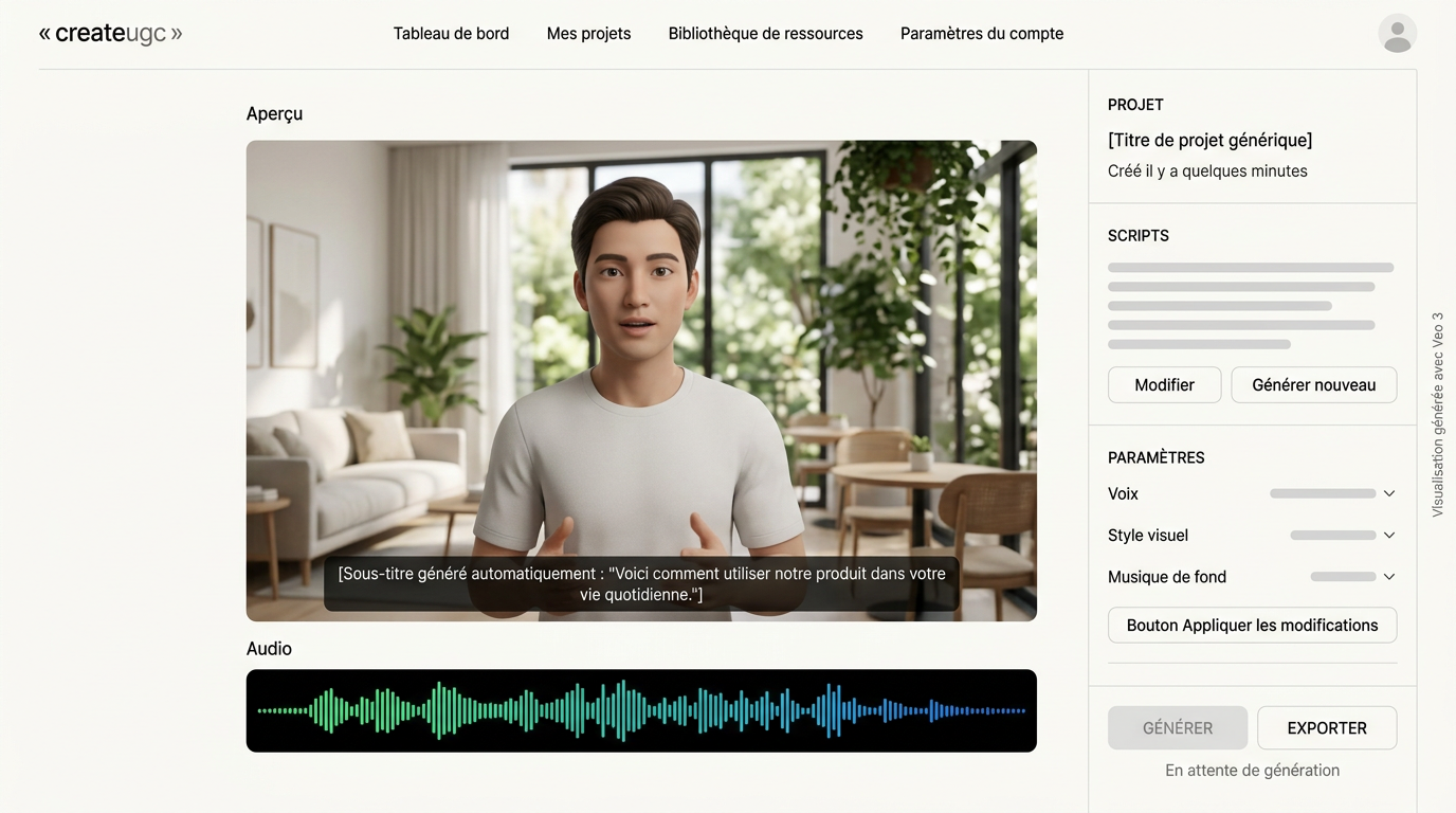 Aperçu d'une vidéo UGC générée avec Veo 3 montrant un avatar en train de parler face caméra dans un cadre lifestyle naturel, barres audio actives en bas de l'interface
