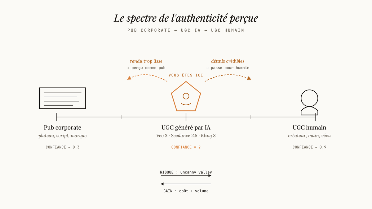 Schéma du spectre d'authenticité perçue en pub vidéo, de la pub corporate à l'UGC humain, avec l'UGC généré par IA positionné au centre entre deux risques de perception.