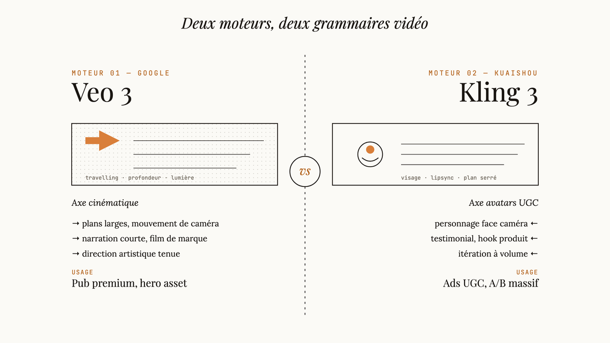 Diagramme éditorial comparant Veo 3 (Google, cinématique) et Kling 3 (Kuaishou, avatars UGC), avec leurs cas d'usage respectifs de part et d'autre d'un axe central.