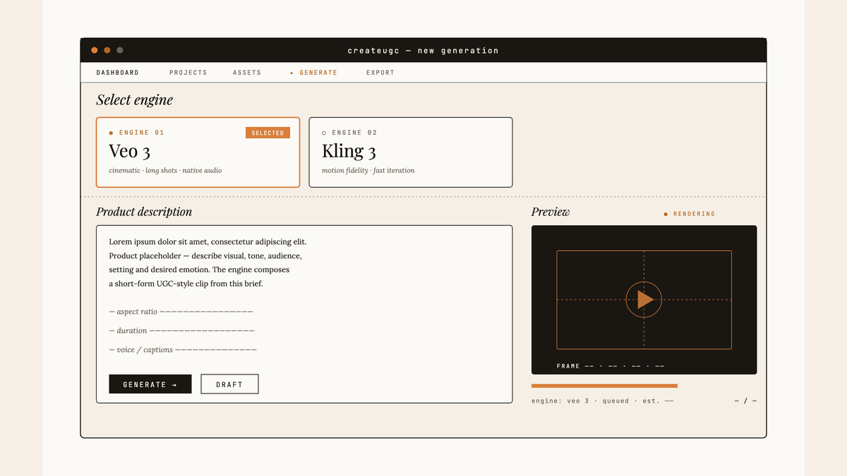 Maquette d'interface de l'outil CreateUGC montrant la sélection entre les moteurs Veo 3 et Kling 3, un champ de description produit et un aperçu vidéo en rendu.