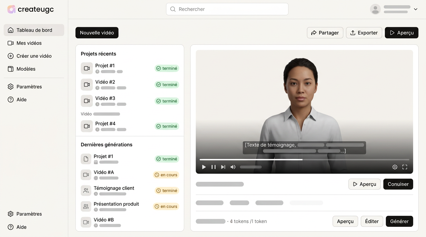 exemple de vidéo générée affichant un avatar réaliste dans un format témoignage produit, avec la UI de la plateforme visible en arrière-plan