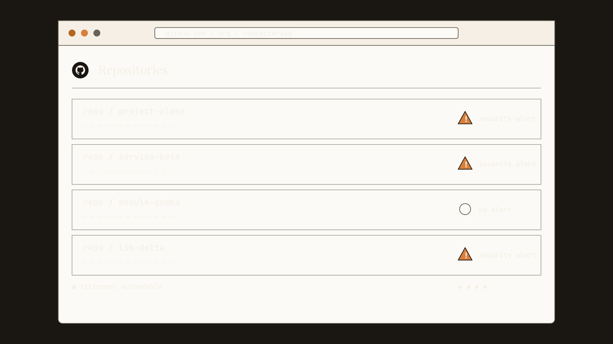 Maquette d'interface GitHub listant des dépôts marqués par des indicateurs d'alerte de sécurité