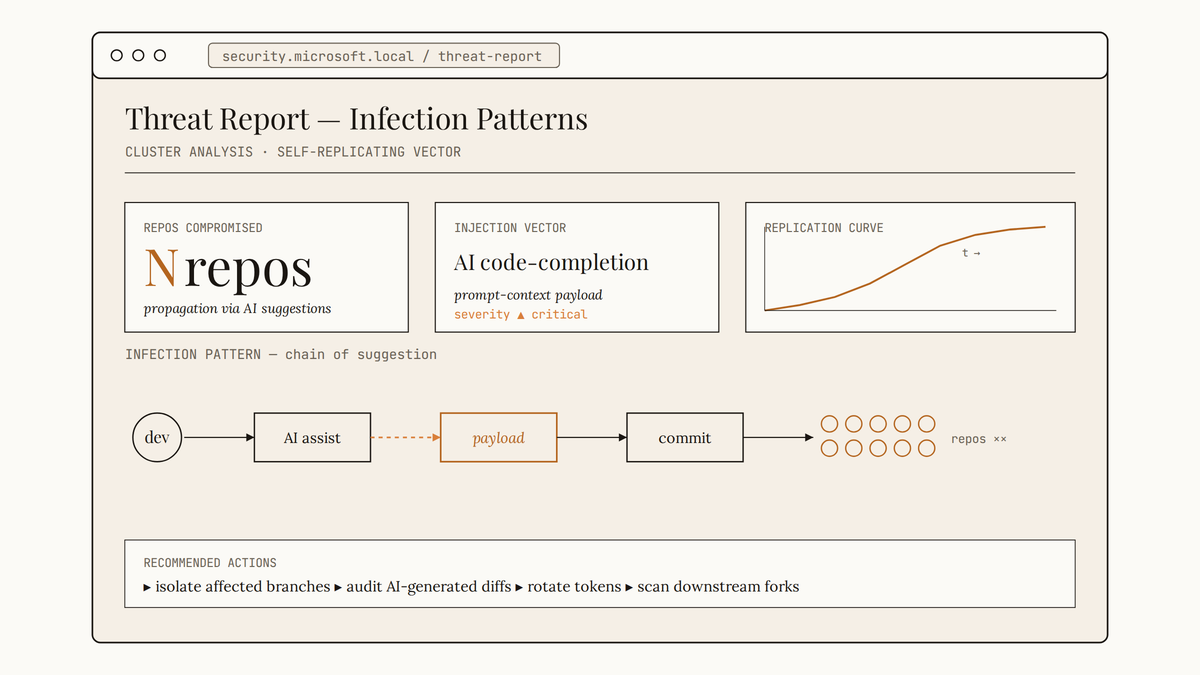 Maquette d'interface Microsoft Security : rapport d'analyse des patterns d'infection, indicateurs de dépôts compromis, vecteur d'injection et chaîne de propagation via assistant IA.