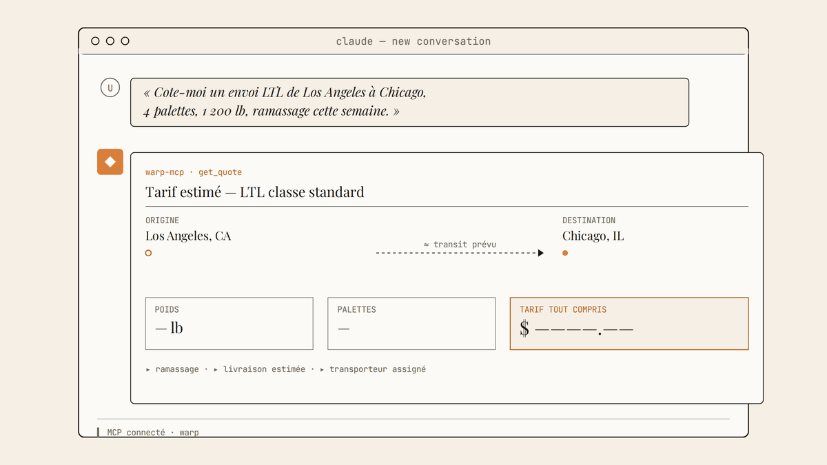 Maquette au trait de l'interface Claude Desktop montrant une question en langage naturel sur un envoi LTL Los Angeles–Chicago et une réponse structurée avec tarif.