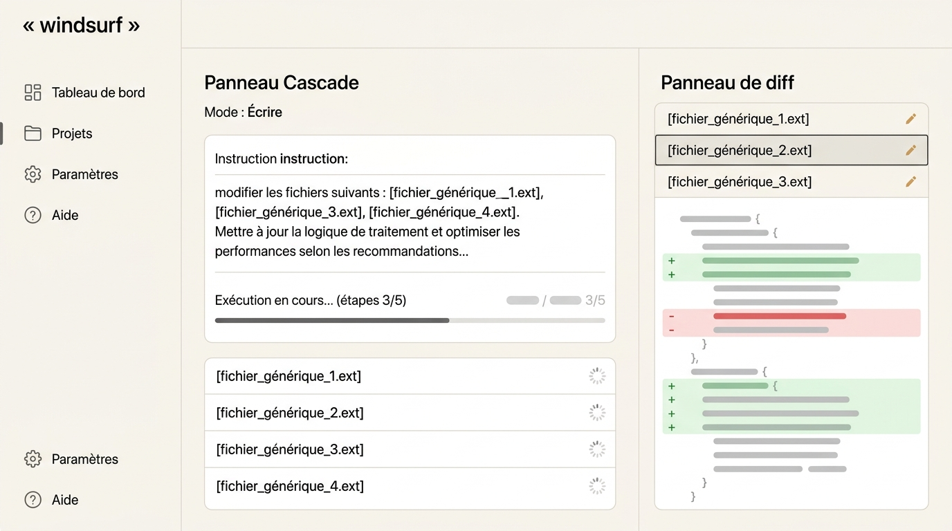 Panneau Cascade en mode Write avec une instruction multi-fichiers en cours d'exécution, plusieurs fichiers listés comme modifiés dans le panneau de diff à droite