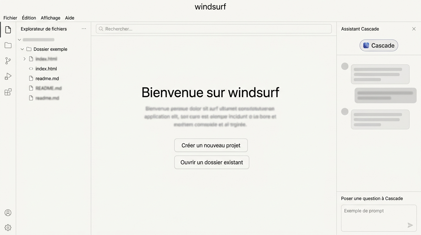 Écran d'accueil de l'éditeur après installation, interface dark mode similaire à VS Code avec un badge "Cascade" visible dans la barre latérale droite