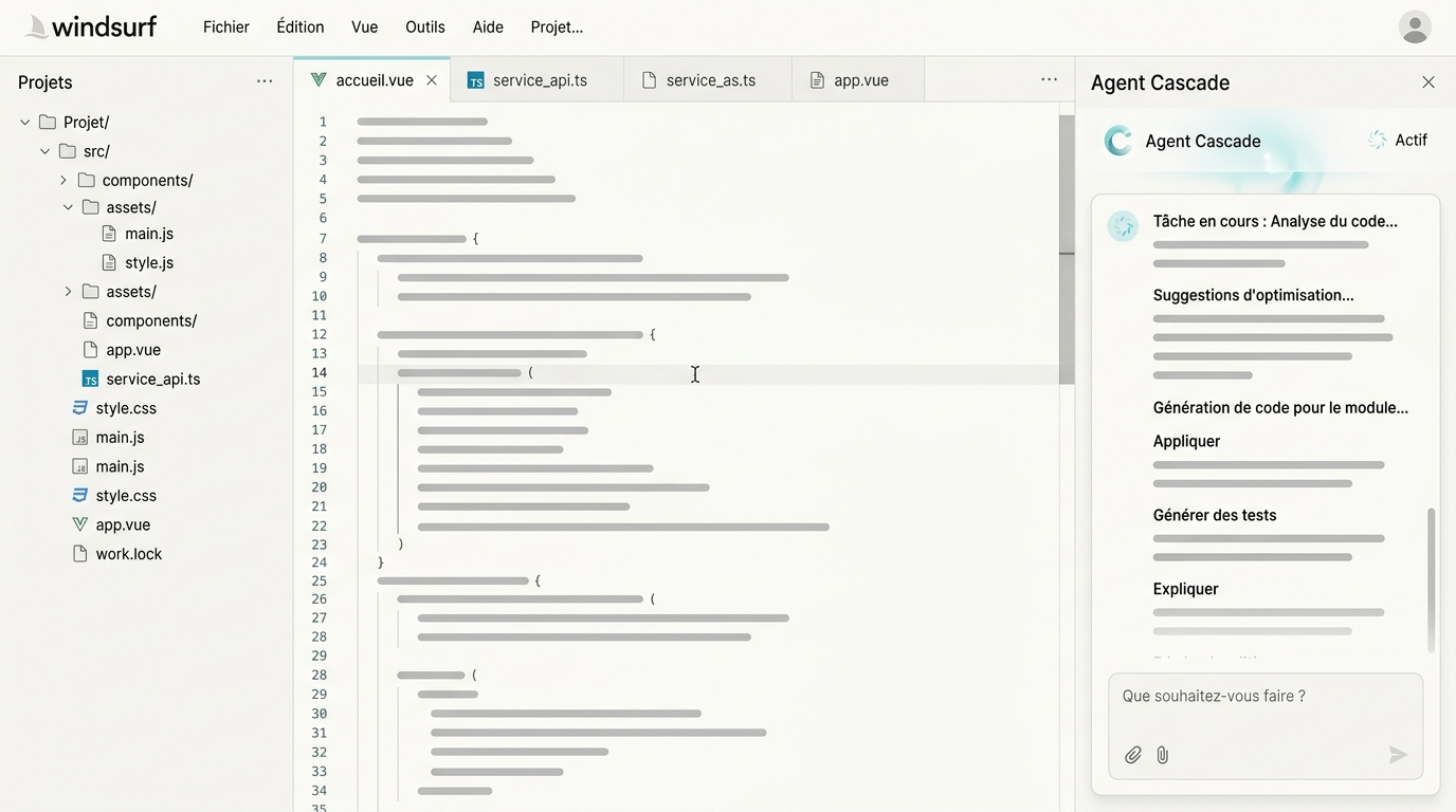 l'interface de l'éditeur avec l'agent Cascade en action sur un projet complexe