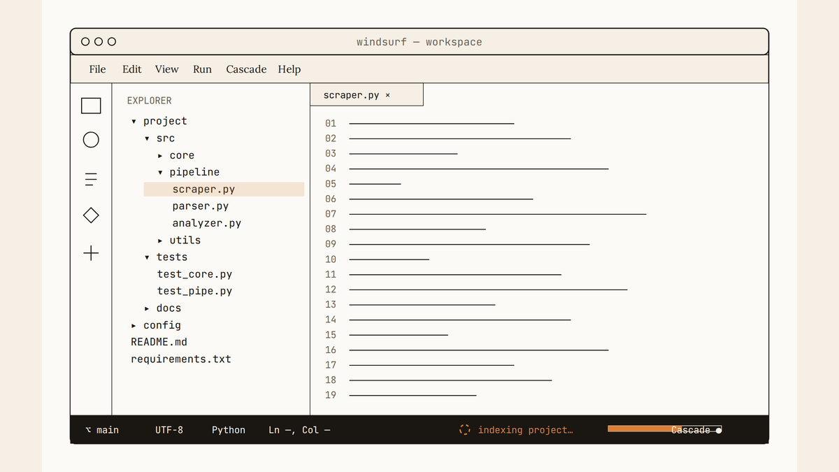 Maquette d'interface Windsurf montrant l'explorateur de fichiers d'un projet Python avec une status bar indiquant l'indexation en cours.