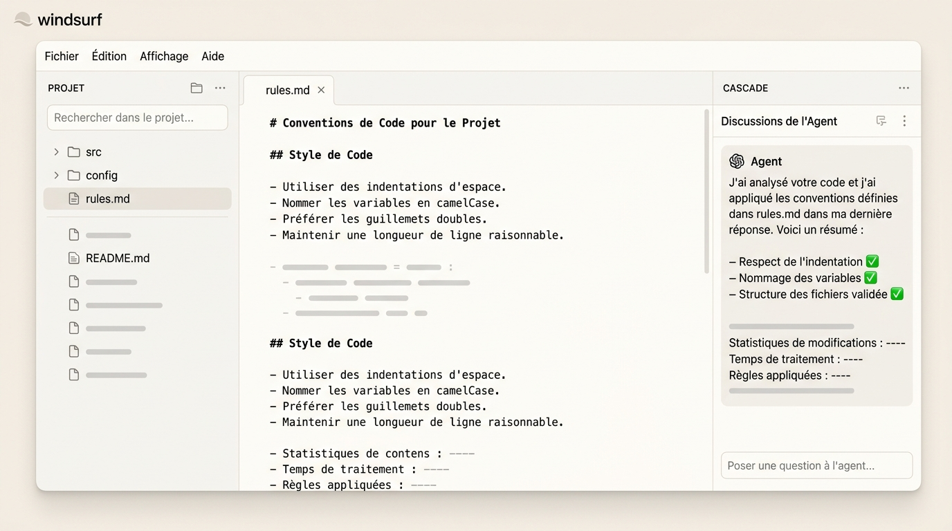 Fichier rules.md ouvert dans l'éditeur avec des sections de conventions de code, et le panneau Cascade à droite montrant que l'agent a pris en compte ces règles dans sa dernière réponse
