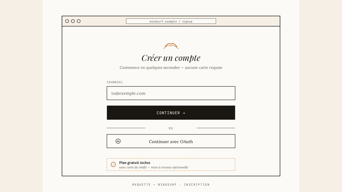 Maquette au trait de la page de création de compte Windsurf avec champ courriel, bouton OAuth et mention du plan gratuit sans carte de crédit.
