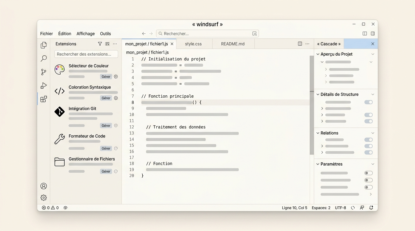 éditeur avec un projet ouvert, panneau Cascade visible à droite, liste d'extensions installées dans la barre latérale gauche identique à VS Code