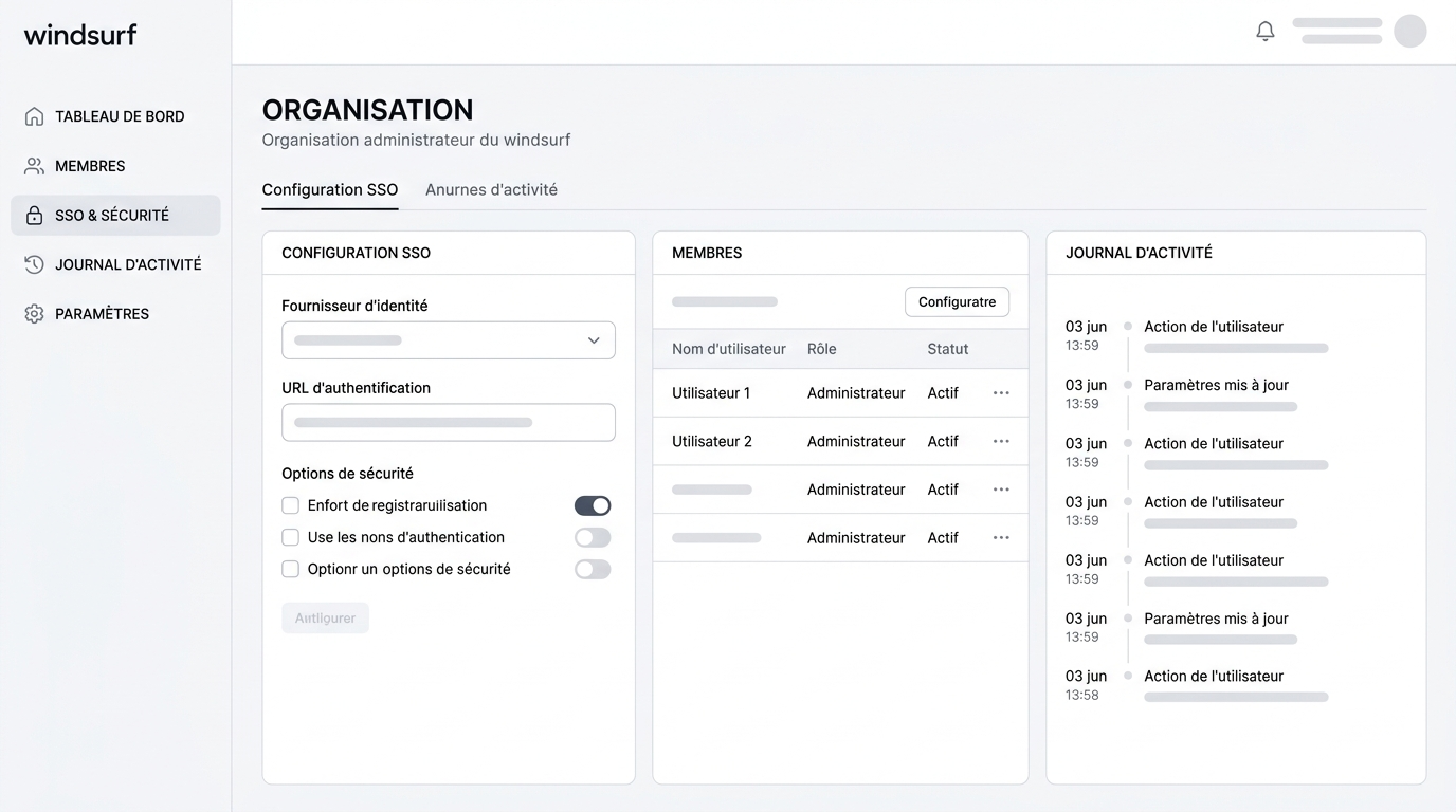 tableau de bord administrateur d'organisation avec onglets de configuration SSO, section membres, et journal d'activité, sans données personnelles visibles
