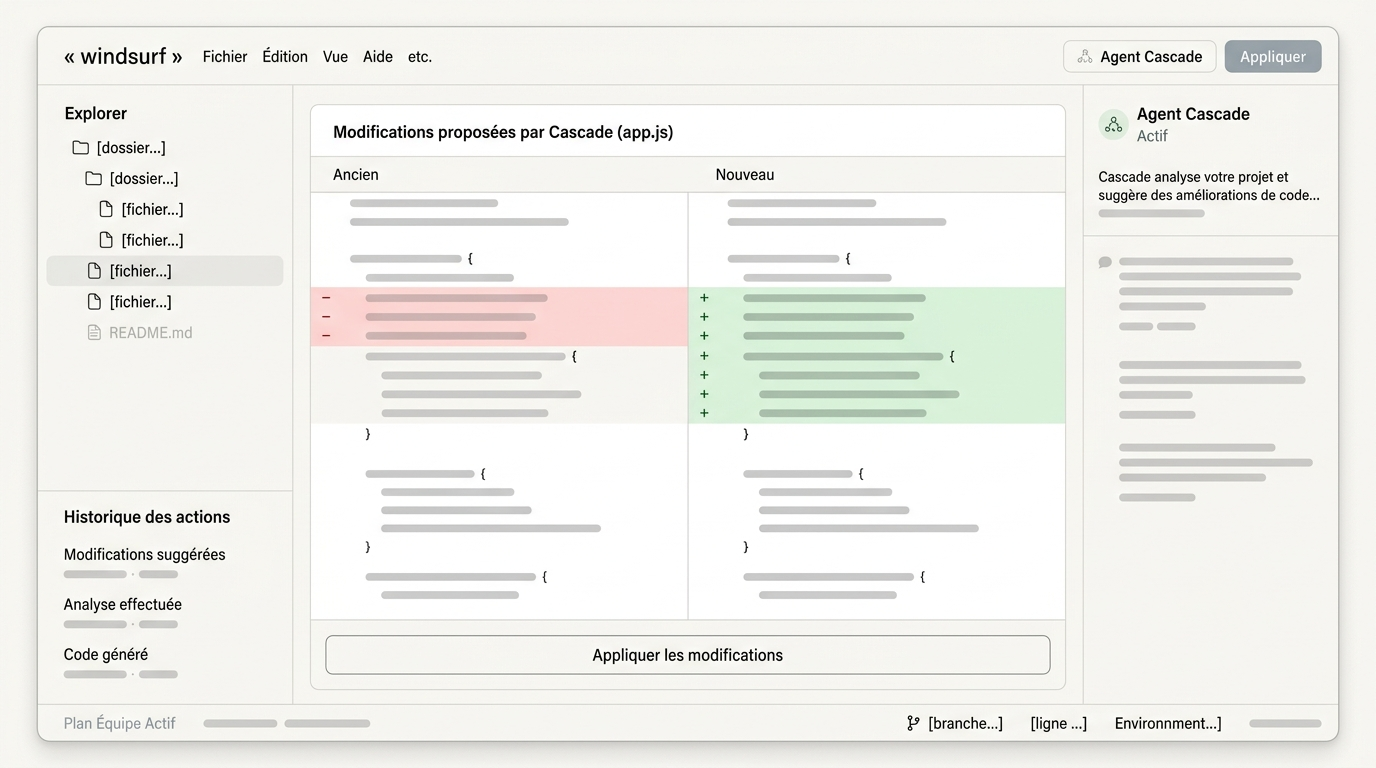vue d'ensemble de l'IDE avec agent Cascade actif, diff de modifications proposées visible dans l'éditeur central, historique des actions dans le panneau latéral, et barre de statut montrant le plan équipe actif