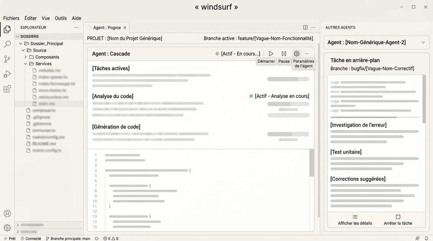 interface montrant un projet ouvert avec l'agent Cascade actif sur une branche feature, pendant qu'un second agent est visible dans un panneau latéral sur une branche de bugfix distincte