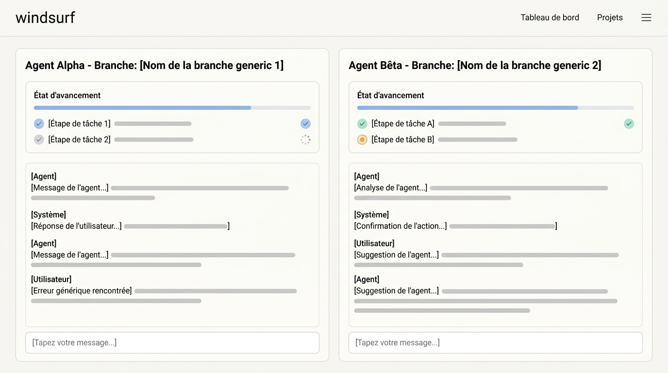 vue de l'interface Windsurf montrant deux panneaux d'agents actifs sur des branches distinctes, chacun avec son propre fil de conversation et son état d'avancement