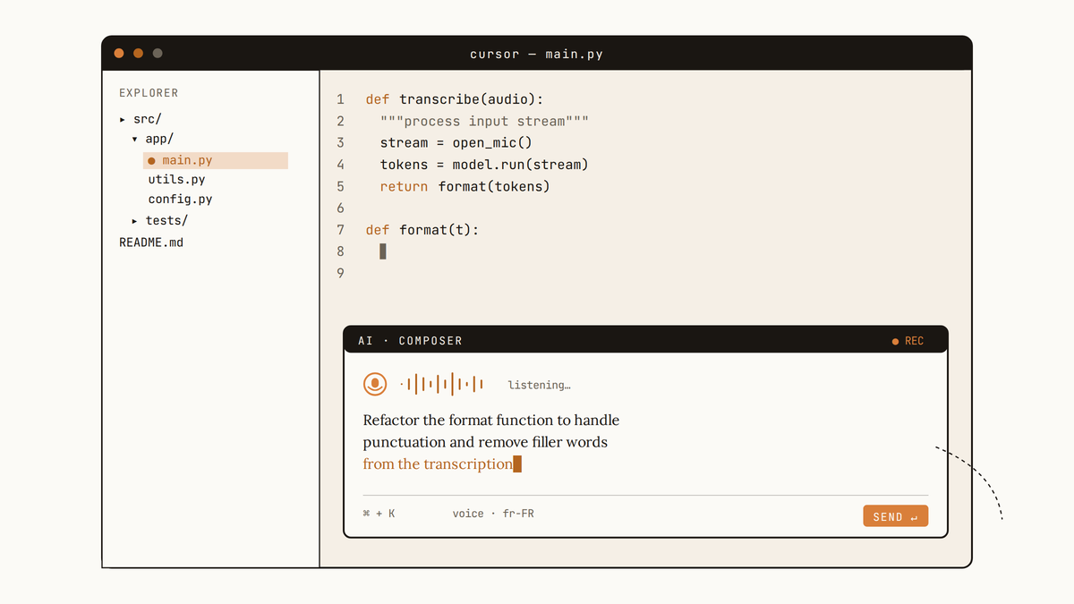 Maquette au trait de l'interface Cursor avec un fichier de code ouvert et le composer IA actif recevant une dictée vocale en cours.