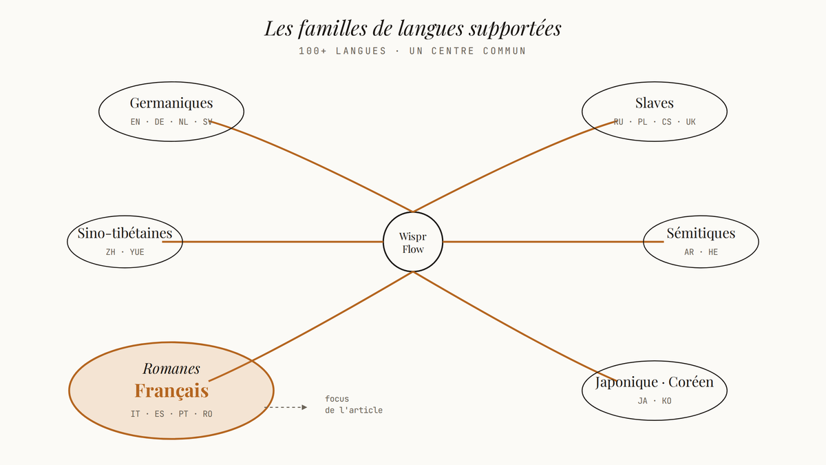 Carte conceptuelle des grandes familles de langues supportées par Wispr Flow, avec le français mis en évidence dans la famille romane.