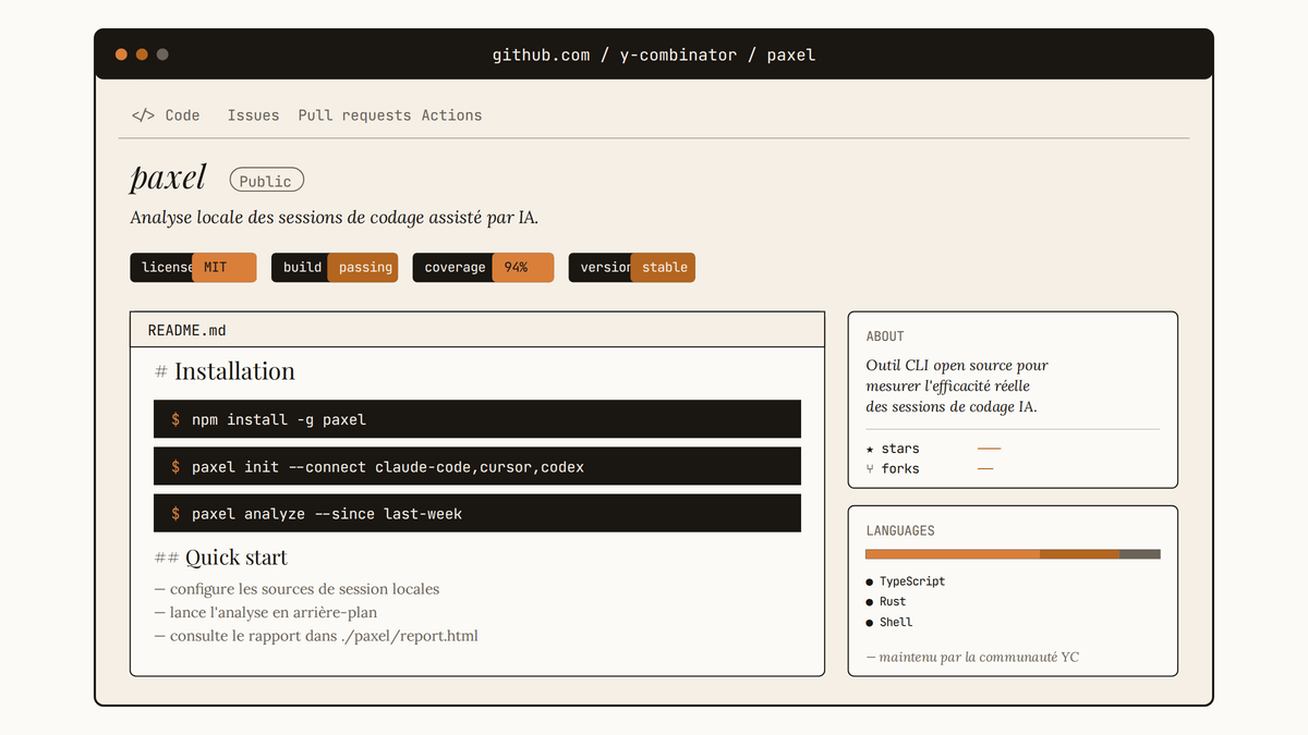Maquette au trait d'une page GitHub pour le dépôt Paxel, montrant badges de licence et instructions d'installation CLI.